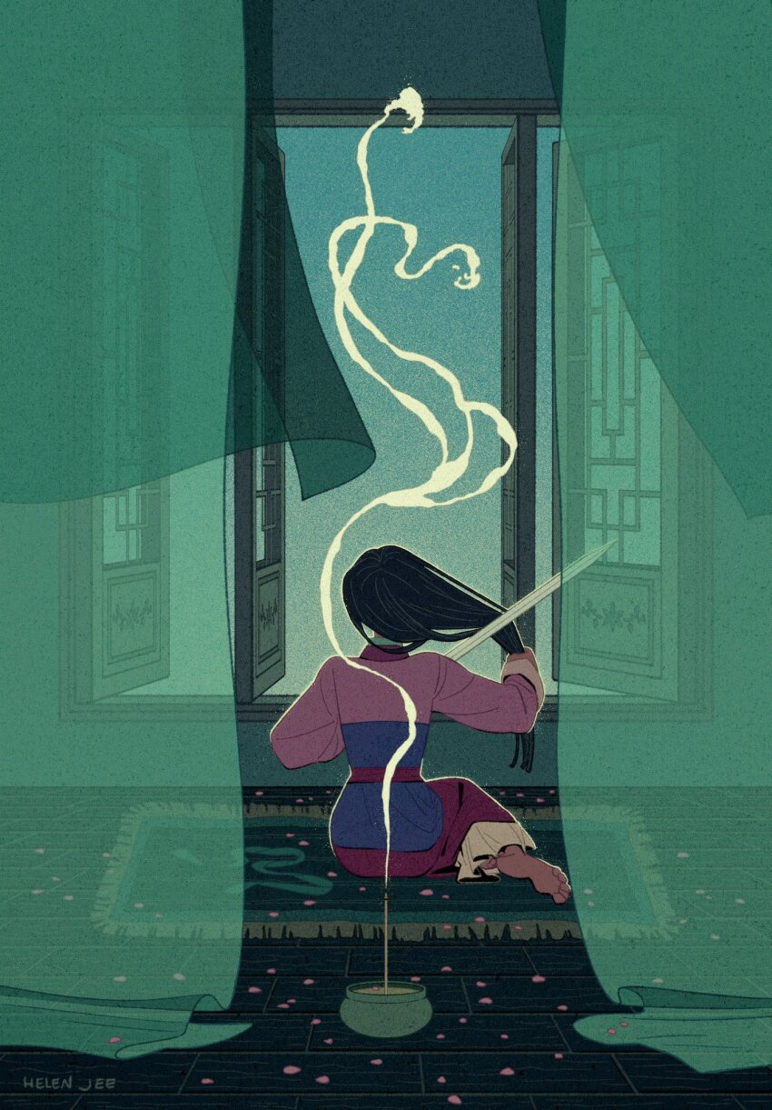 1girl architecture artist_name barefoot black_hair chinese_clothes curtains east_asian_architecture fa_mulan_(disney) facing_away full_body hand_in_own_hair helen_jee highres incense_burner long_hair long_sleeves mulan_(movie) open_window sitting smoke solo window