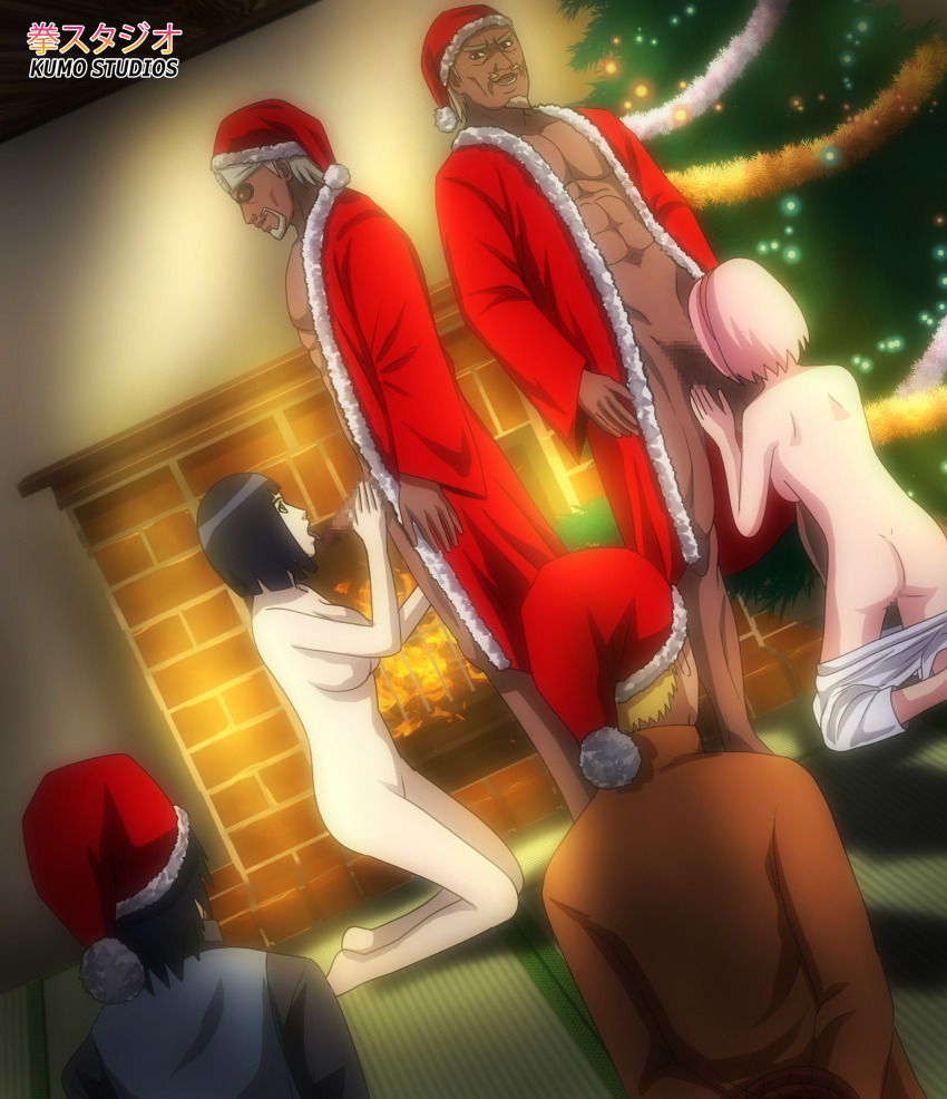 2boys absurdres bbc boruto:_naruto_next_generations christmas dark-skinned_male dark_skin group_sex haruno_sakura hetero highres hyuuga_hinata interracial kneeling kumostudios mature_female multiple_boys naruto naruto_(series) netorare oral penis raikage sasuke_uchiha uchiha_sasuke uzumaki_naruto