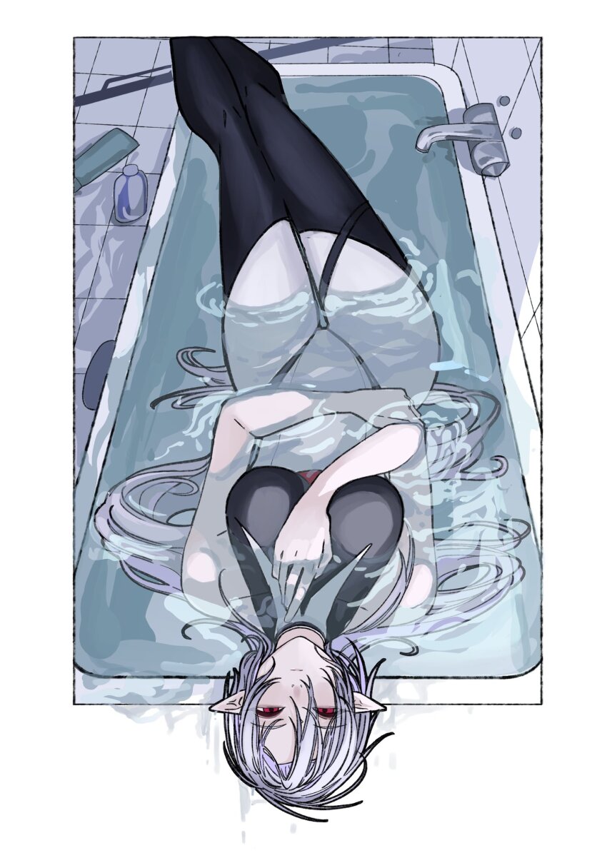 1girl arknights bath bathing bathtub border gladiia_(arknights) highres long_hair pappi_creamy partially_submerged pointy_ears purple_hair red_eyes solo thighs upside-down water wet wet_hair white_border