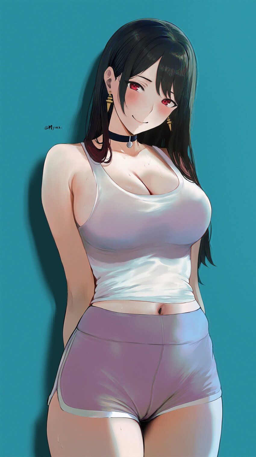 1girl absurdres aqua_background arms_behind_back bare_shoulders black_choker black_hair blush breasts choker cleavage collarbone commentary dolphin_shorts earrings english_commentary gold_earrings hair_between_eyes highres jewelry large_breasts long_hair looking_at_viewer mymzi navel pink_shorts red_eyes shadow shorts smile solo spy_x_family sweat tank_top thighs twitter_username white_tank_top yor_briar