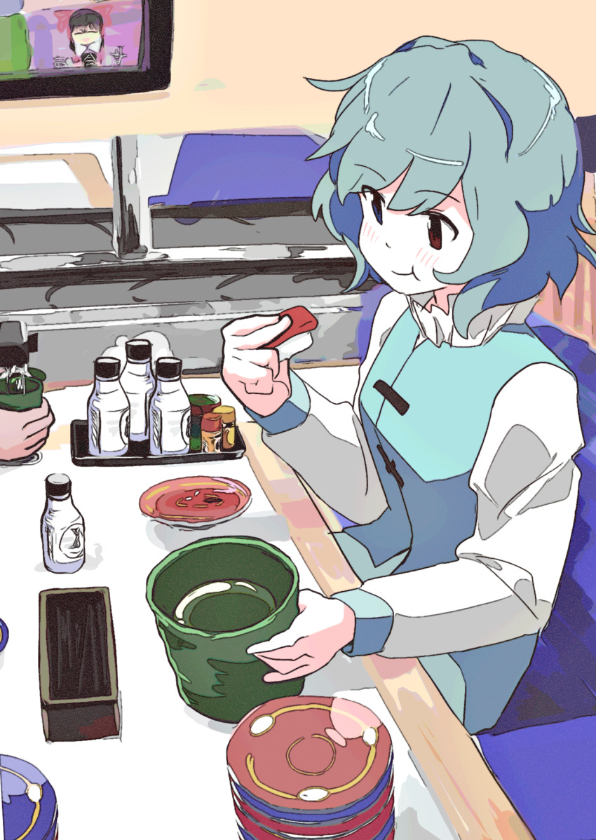 1girl :t blue_eyes blue_hair blue_vest blush booth_seating chopsticks closed_mouth commentary_request conveyor_belt_sushi cookie_(touhou) cup eating food hakurei_reimu heterochromia highres indoors leftame mioto_(cookie) plate red_eyes reu_(cookie) shirt short_hair smile solo sushi tatara_kogasa television touhou upper_body vest white_shirt yunomi