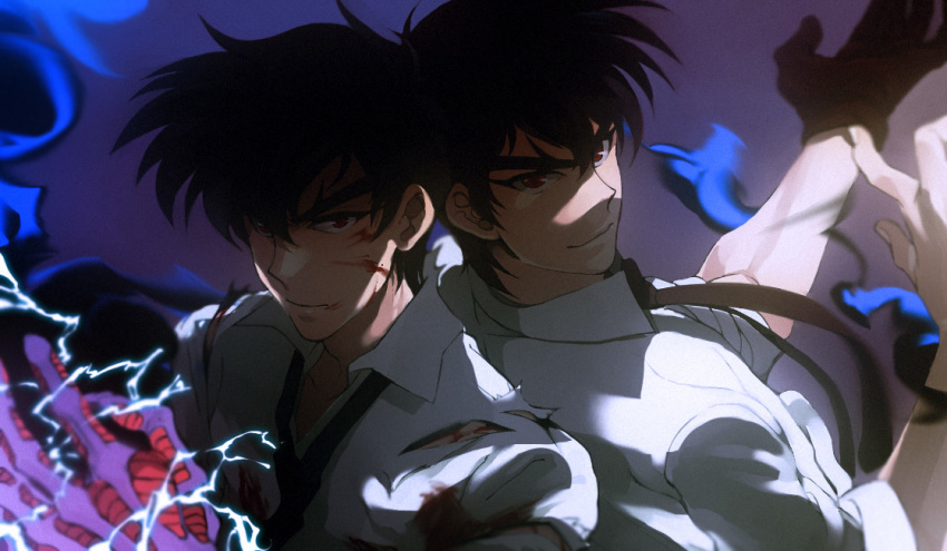 1boy artist_collaboration back-to-back black_gloves black_hair black_necktie bleeding blood blood_on_face claws deep_wound dual_persona electricity gloves injury jigoku_sensei_nube lips looking_at_viewer male_focus necktie nueno_meisuke red_eyes shirt short_hair smile solo u-min upper_body white_shirt
