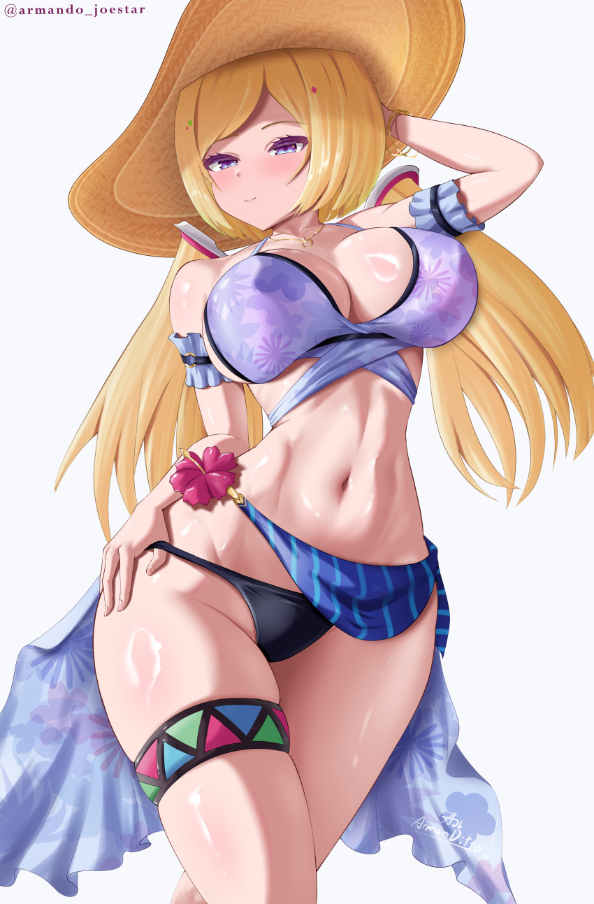 absurdres aki_rosenthal aki_rosenthal_(hololive_summer_2019) arm_behind_head arm_up armanditto bikini black_bikini blush breasts cleavage closed_mouth commentary english_commentary hat highres hololive large_breasts long_hair looking_at_viewer navel official_alternate_costume purple_eyes straw_hat swimsuit thigh_strap twintails virtual_youtuber white_background white_bikini