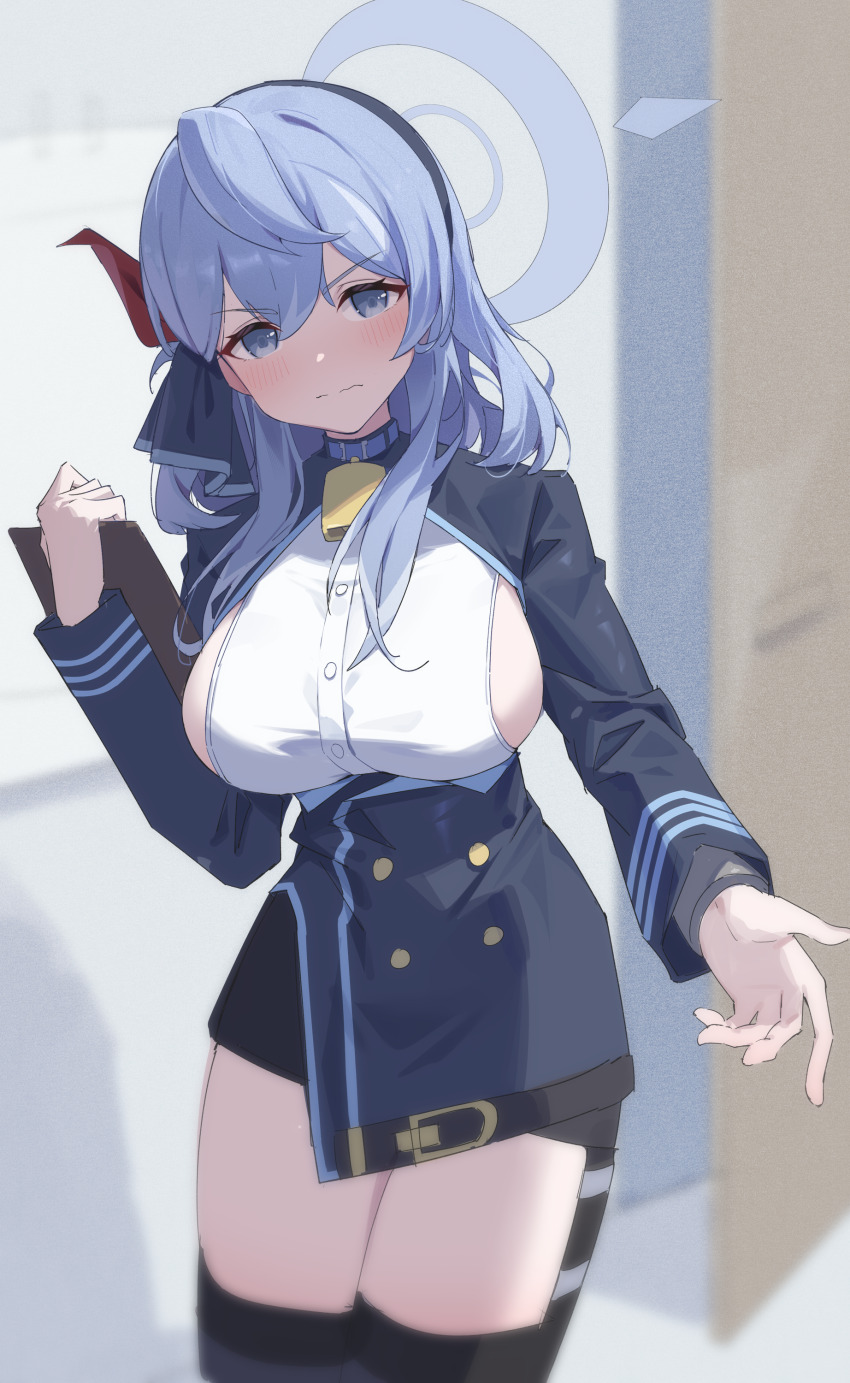 1girl absurdres ako_(blue_archive) bell blue_archive blue_eyes blue_hair blue_halo blue_vest blurry blush breasts clipboard closed_mouth commentary_request cowboy_shot depth_of_field embarrassed facing_viewer halo hand_up highres holding holding_clipboard indoors jei_(user_tckk7448) large_breasts long_hair long_sleeves looking_ahead neck_bell reaching reaching_towards_viewer shirt sideboob solo thighhighs vest white_shirt