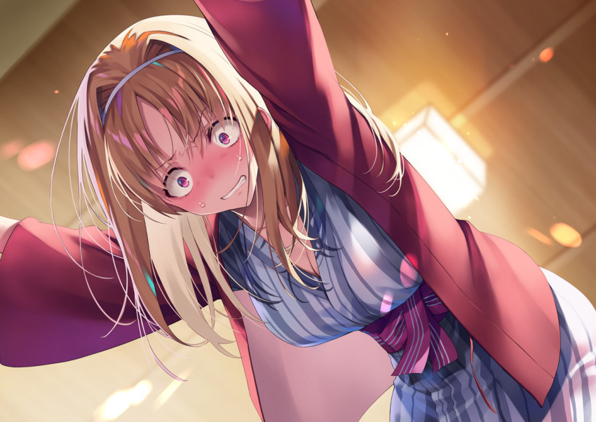 1girl bath_yukata bent_over blurry blurry_background blush breasts brown_hair clenched_teeth closed_mouth commentary_request from_below jacket japanese_clothes kimono kushida_kikyou large_breasts medium_hair official_art pink_eyes red_jacket second-party_source solo sweat teeth tomose_shunsaku youkoso_jitsuryoku_shijou_shugi_no_kyoushitsu_e yukata