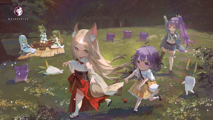 6+girls abroccoli absurdres aged_down animal_ears artist_logo artist_name braid braided_hair_rings brown_eyes brown_hair character_request crop_top denim denim_jacket denim_shorts detached_sleeves dress earendel_(jishenkong_jihua) fox_ears grass green_dress green_hair grey_eyes hair_rings hakama highres indie_virtual_youtuber jacket japanese_clothes jishenkong_jihua logo long_hair multiple_girls navel orange_skirt otsuka_ray outdoors picnic ponytail purple_eyes purple_hair red_hakama reika_(otsuka_ray) shirt shorts skirt virtual_youtuber white_dress white_hair white_shirt