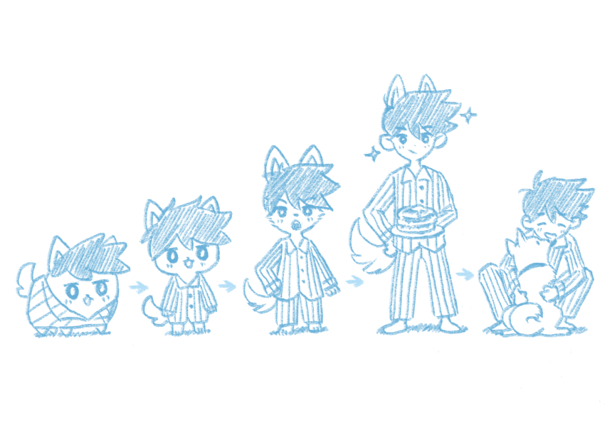 1boy animal_ears animalization arrow_(symbol) barefoot blush closed_mouth dog dog_boy dog_ears dog_tail food hand_on_own_hip hector_(omori) hero_(headspace)_(omori) hero_(omori) highres holding holding_plate kemonomimi_mode long_sleeves monochrome omori open_mouth pajamas pancake pancake_stack person_and_animalization person_and_furrification plate short_hair simple_background smile solo sparkle squatting sun_iiinu tail white_background