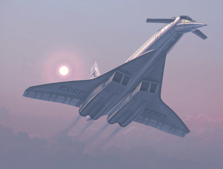 aircraft airplane cloud grey_sky jet mecha military military_vehicle original real_life robot same_(carcharodon) sky soviet sunlight tagme tupolev_tu-144 vehicle_focus