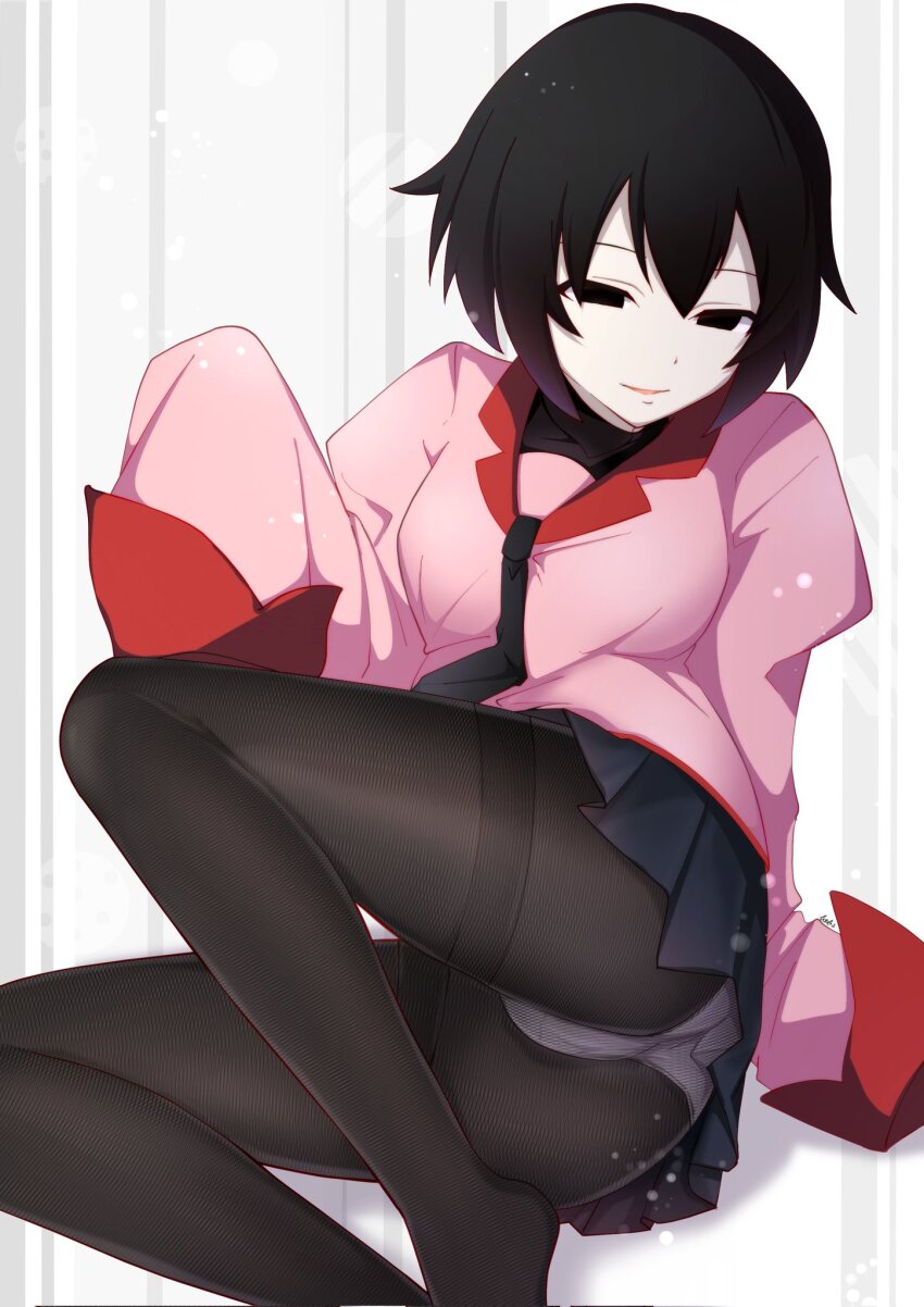 1girl arm_support betterthanbone2 black_eyes black_hair black_necktie black_pantyhose black_skirt black_undershirt bob_cut breasts commentary corrupted_twitter_file empty_eyes foot_out_of_frame hand_up highres juliet_sleeves kibito_high_school_uniform light_particles long_sleeves looking_down looking_to_the_side lounging monogatari_(series) narrowed_eyes necktie no_shoes oshino_ougi pale_skin panties panties_under_pantyhose pantyhose pantyshot parted_lips pink_shirt pleated_skirt puffy_sleeves school_uniform shirt sitting skirt sleeves_past_fingers sleeves_past_wrists small_breasts smile solo turtleneck underwear very_long_sleeves white_background white_panties yokozuwari
