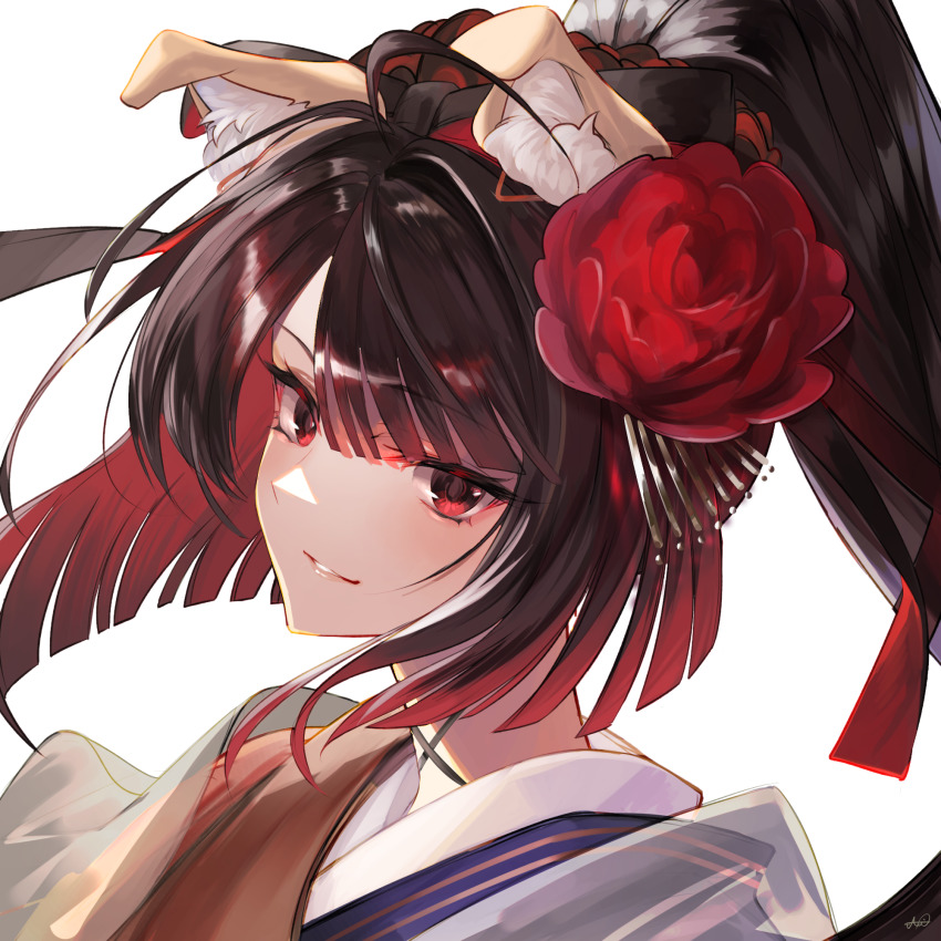 1girl ahoge animal_ear_fluff animal_ears black_hair blunt_bangs closed_mouth dog_ears fate/grand_order fate_(series) flower gradient_hair hair_flower hair_ornament hair_ribbon highres japanese_clothes jazztaki kanzashi kyokutei_bakin_(fate) kyokutei_bakin_(second_ascension)_(fate) long_hair looking_at_viewer multicolored_hair parted_bangs ponytail portrait red_eyes red_flower red_hair ribbon sidelocks signature simple_background smile solo white_background