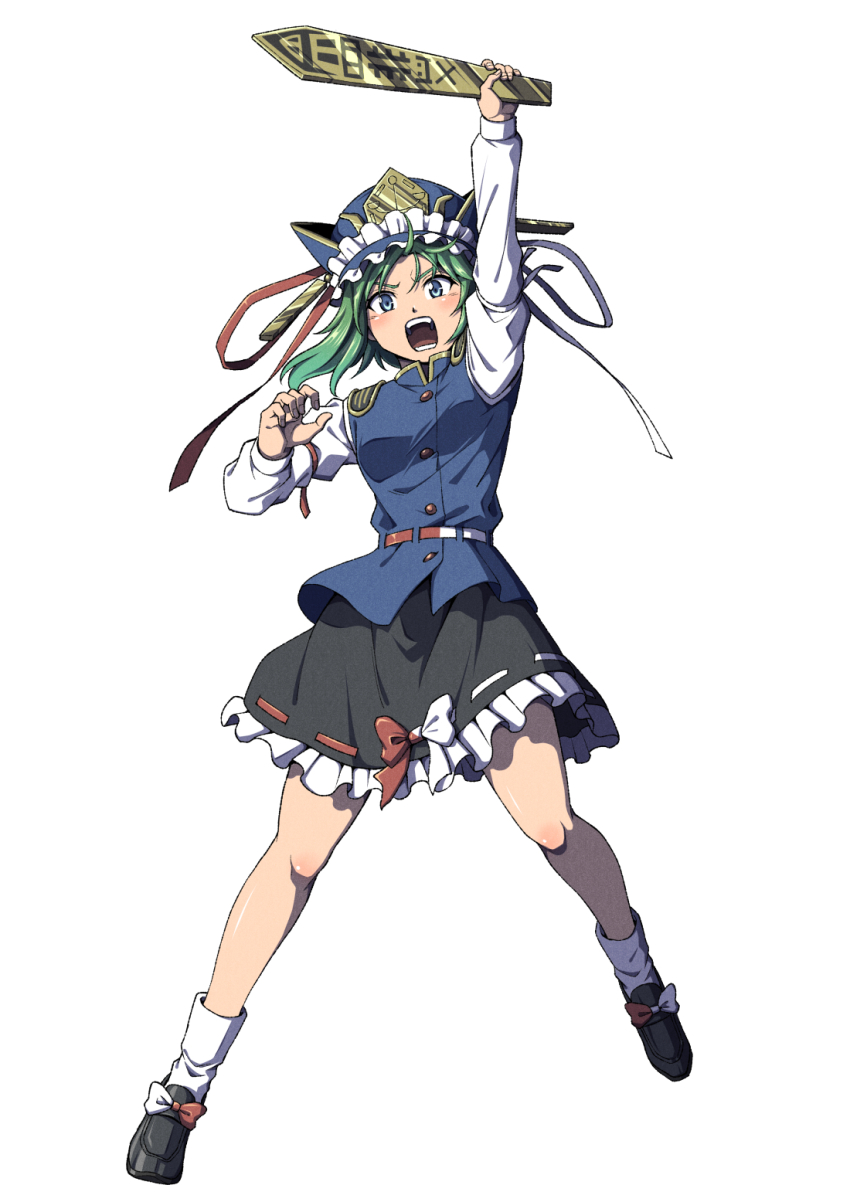 1girl arm_up black_shoes black_skirt blue_eyes blue_hat blue_vest blush commentary_request full_body green_hair hat highres holding inuno_rakugaki long_sleeves looking_at_viewer open_mouth ribbon-trimmed_skirt ribbon_trim rod_of_remorse shiki_eiki shirt shoes short_hair simple_background skirt socks solo teeth touhou vest white_background white_shirt white_socks