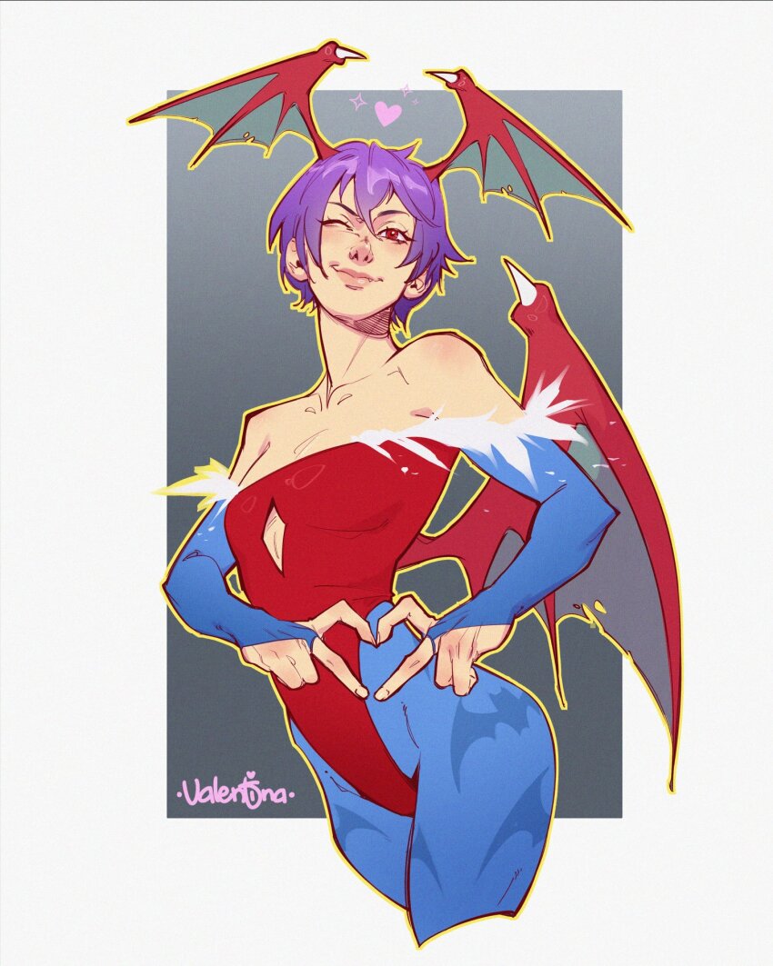 1girl four-finger_heart_hands animal_print artist_name bare_shoulders bat_print bat_wings blue_bridal_gauntlets blue_pantyhose breasts darkstalkers head_wings heart heart_hands highres leotard lilith_(darkstalkers) looking_at_viewer one_eye_closed pantyhose print_pantyhose purple_hair red_eyes red_leotard red_wings short_hair small_breasts solo strapless strapless_leotard valentina_tavolilla wings