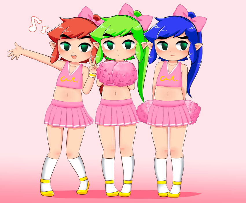 3boys :d absurdres arms_behind_back blue_hair blush bow cheerleader cheerleader_link collarbone crop_top crossdressing full_body green_eyes green_hair hair_bow highres holding holding_pom_poms kneehighs link long_hair looking_at_viewer male_focus midriff multiple_boys musical_note navel nintendo official_alternate_costume open_mouth papapaimon pink_background pink_bow pink_skirt pleated_skirt pointy_ears pom_pom_(cheerleading) pom_poms ponytail red_hair sidelocks sideways_glance skirt sleeveless smile socks standing stomach teeth the_legend_of_zelda the_legend_of_zelda:_tri_force_heroes toon_link trap upper_teeth_only v-neck wristband yellow_footwear