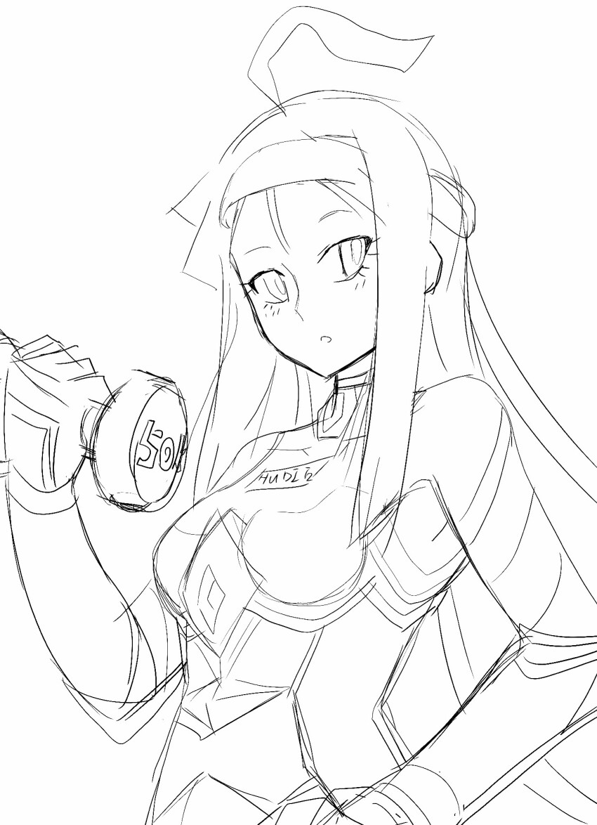 1girl armored_gloves blush breasts choker digimon digimon_(creature) dumbbell exercising female_focus gloves hand_on_own_hip headband highres hudiemon leotard long_hair looking_at_viewer medium_breasts monochrome open_mouth ph6xeivbgpimggg sketch solo solo_focus weightlifting