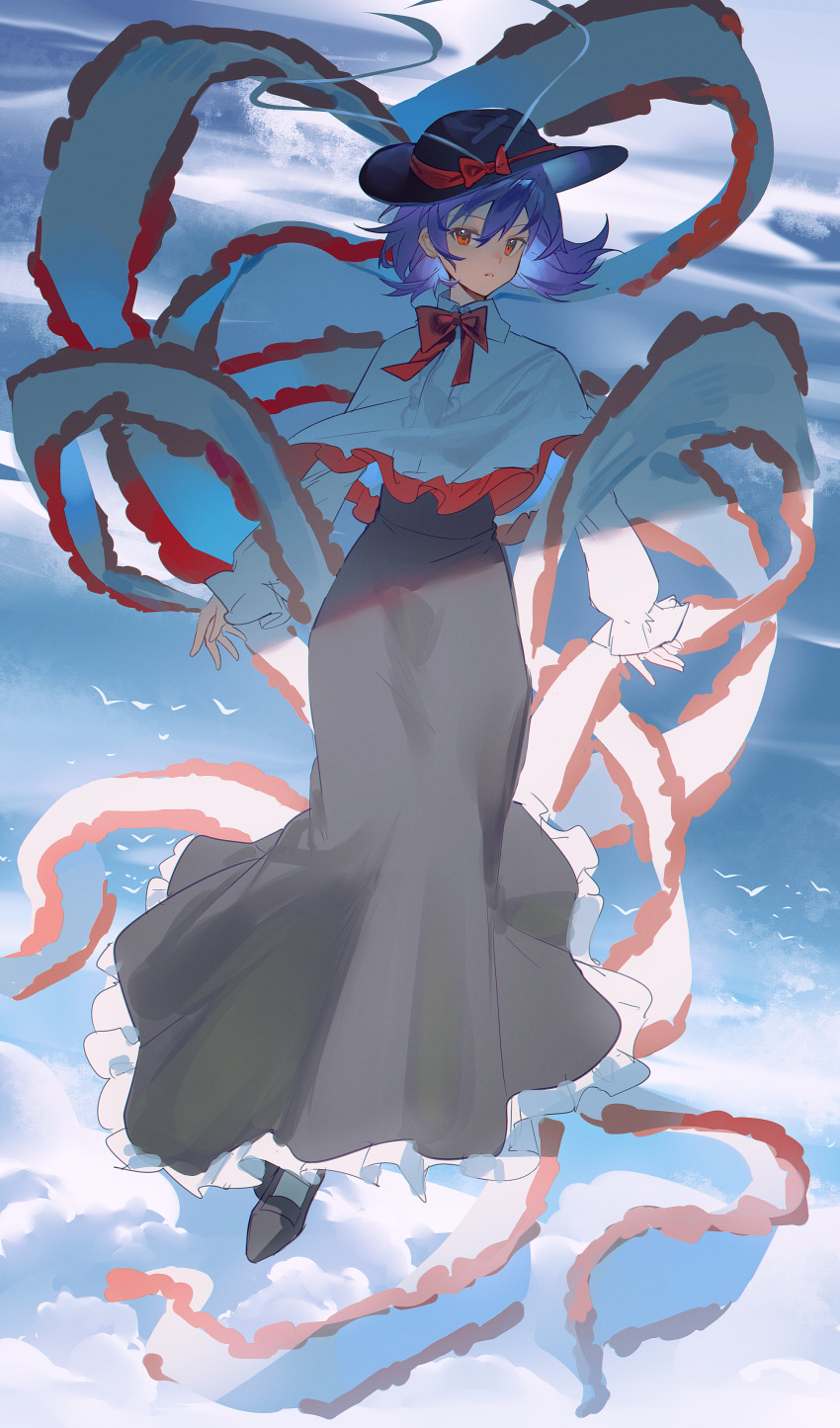 1girl absurdres black_dress black_hat cloud cloudy_sky dress ender_xiaohai full_body hat highres long_sleeves medium_hair nagae_iku parted_lips puffy_long_sleeves puffy_sleeves purple_hair sky solo teeth touhou white_sleeves