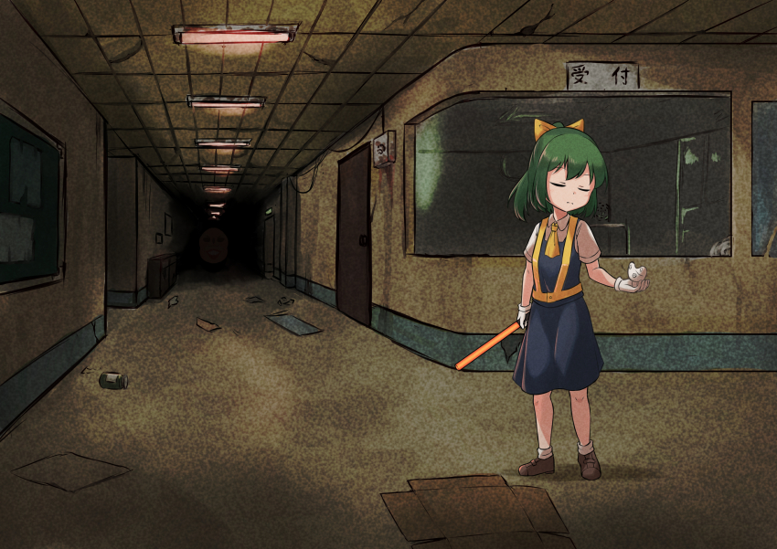 1girl abandoned absurdres ascot battery_indicator blue_skirt blue_vest bow brown_footwear ceiling_light closed_eyes closed_mouth commentary_request cookie_(touhou) daiyousei diyusi_(cookie) door full_body green_hair hair_bow hallway hide_(acceed) high-visibility_clothing high-visibility_vest highres holding horror_(theme) hospital indoors manatsu_no_yo_no_inmu medium_hair pinky_(inmu) ponytail shirt shoes short_sleeves skirt socks standing touhou traffic_baton tsugumi_amon vest white_shirt white_socks yellow_ascot yellow_bow