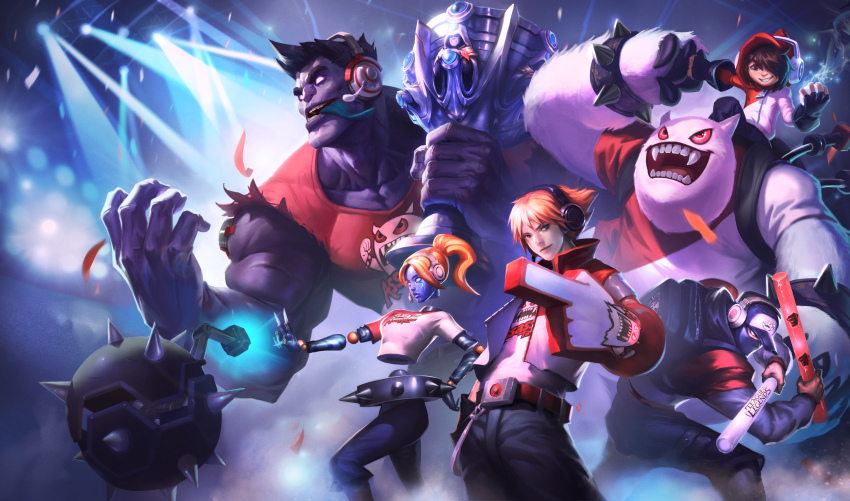 absurdres alternate_costume bad_source bag ball ball_and_chain_(weapon) biceps black_eyes blurry blurry_background bo_lu brown_hair clenched_hand collar collared_jacket colored_skin confetti covered_mouth creature dr._mundo ezreal feet_out_of_frame glowing glowing_eyes hat headphones highres hood hooded_jacket jacket league_of_legends looking_at_another looking_at_viewer looking_to_the_side mask monster muscular muscular_arms muscular_male nunu_(league_of_legends) official_art orange_hair orianna_(league_of_legends) pants pectorals ponytail purple_skin red_eyes robot sharp_teeth shen_(league_of_legends) shirt short_hair size_difference smile snowball spiked_ball_and_chain spiked_collar spikes stadium stage stage_lights t-shirt teeth thick_eyebrows tongue tongue_out torn_clothes tpa_ezreal tpa_mundo tpa_nunu tpa_orianna tpa_shen tpa_willump trophy weapon white_fur willump yellow_eyes