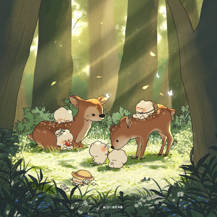 animal animal_focus artist_name bug butterfly closed_eyes creature deer flower flower_on_head foliage forest glowing_butterfly grass hat highres insect kocobear light_rays nature no_humans original outdoors plant scenery signature smile solid_eyes standing sunbeam sunlight tree