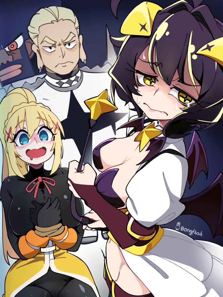 +_+ 2boys 2girls absurdres afro bat_wings black_background black_hair black_skin blonde_hair blue_eyes bodysuit bongfill bound bound_arms breasts character_request colored_skin darkness_(konosuba) demon_horns drooling earrings furrowed_brow gamagoori_ira garterbelt_(psg) hair_ornament highres horns jewelry kill_la_kill kono_subarashii_sekai_ni_shukufuku_wo! large_breasts long_hair magia_baiser magical_girl mahou_shoujo_ni_akogarete medium_hair multiple_boys multiple_girls orange_eyes panty_&amp;_stocking_with_garterbelt pasties ponytail purple_hair star_(symbol) star_pasties thick_eyebrows wavy_mouth whip wings yellow_eyes