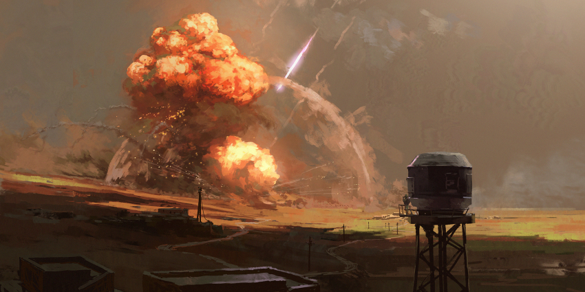 building day dome energy_barrier explosion highres lhlclllx97 no_humans original scenery science_fiction shadow sunlight truss war water_tank water_tower
