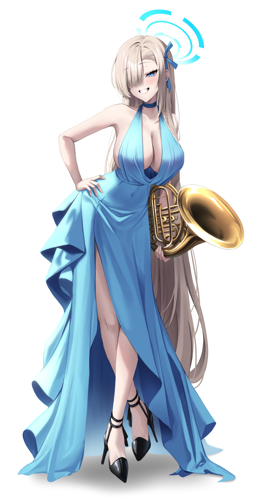 1girl absurdres alternate_costume aqua_halo asuna_(blue_archive) bare_arms bare_shoulders blue_archive blue_choker blue_dress blue_eyes blue_ribbon blush breasts choker cleavage covered_navel dress french_horn full_body hair_over_one_eye hair_ribbon halo hand_on_own_hip high_heels highres holding holding_instrument instrument lancheu large_breasts looking_at_viewer one_eye_covered ribbon sideboob simple_background smile solo standing white_background