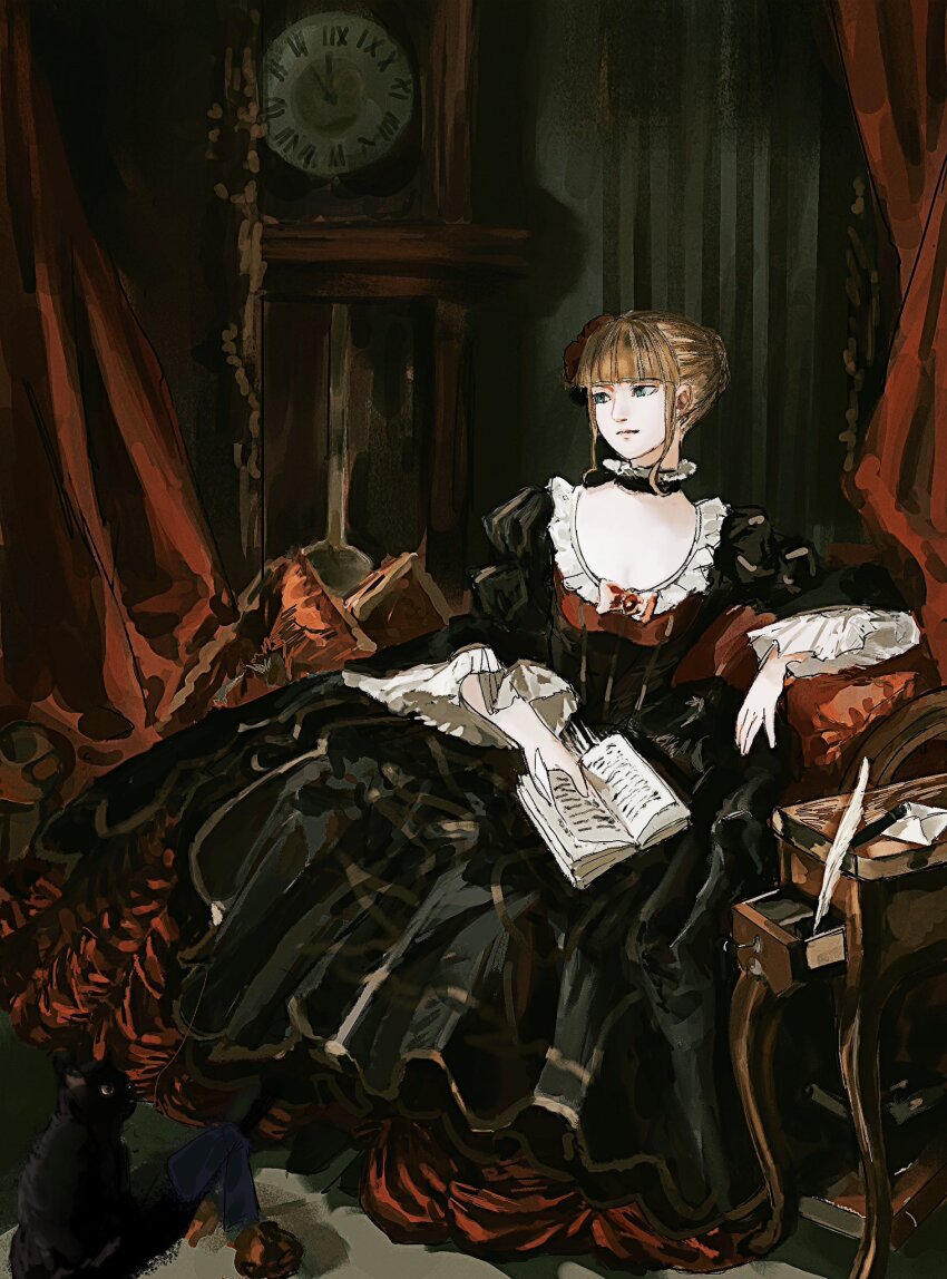 1girl ashashio beatrice_(umineko) black_cat black_dress blonde_hair blue_eyes book cat clock curtains dress grandfather_clock highres open_book short_hair sitting sketch solo umineko_no_naku_koro_ni