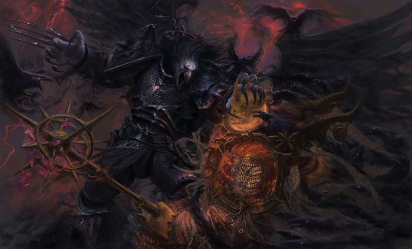 2boys alex_cristi armor bald battle beak bird bird_wings black_armor black_eyes black_hair black_wings breastplate chaos_(warhammer) clawed_gauntlets corvus_corax_(warhammer) demon_horns demon_primarch feathered_wings fighting fingernails full_armor gauntlets glowing glowing_eyes glowing_runes glowing_skin gold_skin greaves highres holding holding_maul holding_scepter holding_weapon horns lightning long_hair lorgar_aurelian maul metal_wings multiple_boys ornate_armor pale_skin pauldrons power_armor primarch red_eyes red_lightning roman_numeral runes scepter shadow sharp_fingernails sharp_teeth shoulder_armor silver_trim spiked_armor teeth warhammer_40k weapon wings