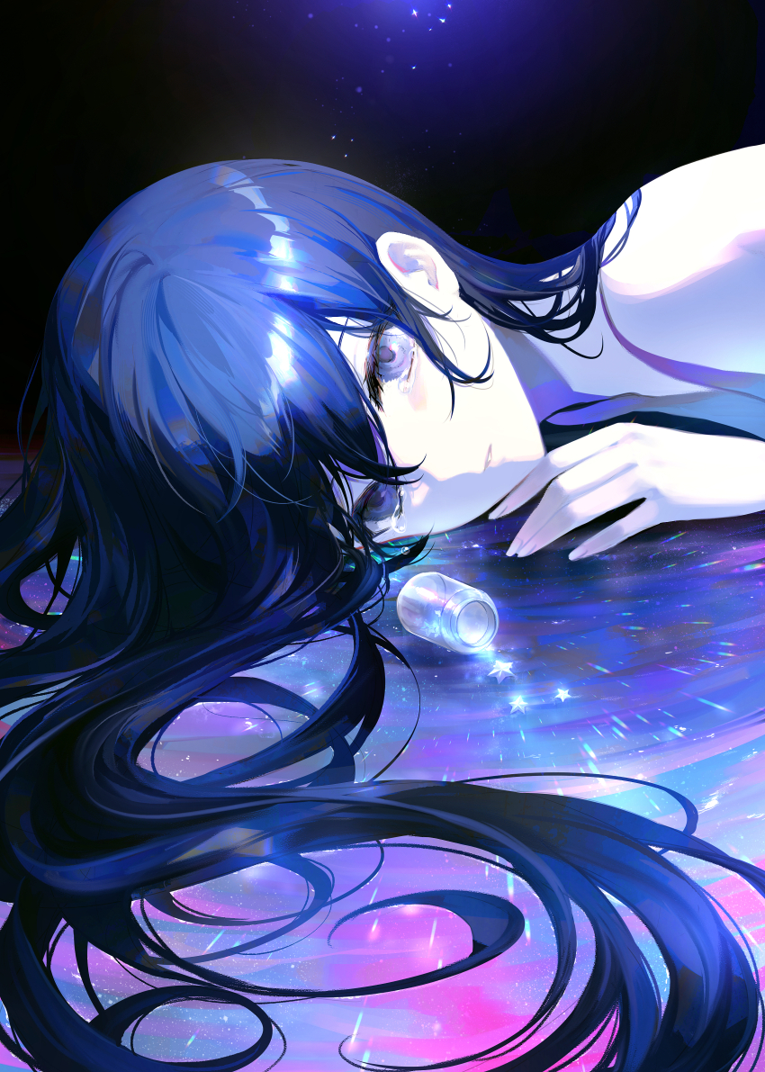 1girl absurdres blue_hair completely_nude crying crying_with_eyes_open hibiwa highres jar long_hair looking_at_viewer lying nude on_stomach original pale_skin parted_lips purple_eyes solo star_(symbol) tears upper_body very_long_hair