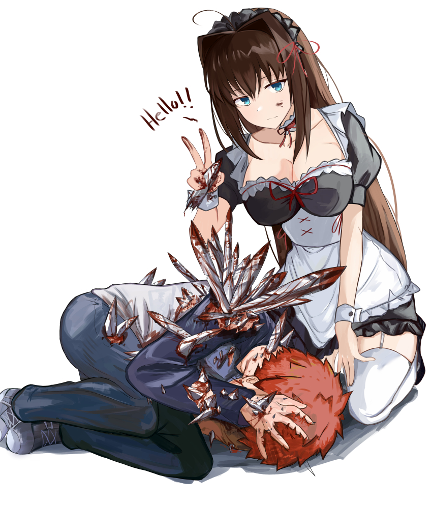 1boy 1girl absurdres alternate_costume anger_vein aozaki_aoko apron black_dress black_footwear blush breasts brown_hair closed_mouth commentary dark_persona dress emiya_shirou english_commentary enmaided facing_viewer fate/stay_night fate_(series) full_body garter_straps hair_intakes heaven&#039;s_feel highres katana lifting_own_clothes long_hair mahou_tsukai_no_yoru maid maid_apron maid_headdress male_focus mary_janes medium_breasts planted planted_sword planted_weapon puff_of_air raglan_sleeves red_hair red_ribbon ribbon shoes shokobr skirt_hold sword thighhighs wavy_mouth weapon white_background white_garter_straps white_thighhighs white_wrist_cuffs wrist_cuffs