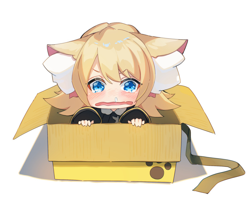 1girl animal_ear_fluff animal_ears azur_lane blonde_hair blue_eyes blush box cardboard_box cat_ears chibi fox_ears hatski.sin highres in_box in_container looking_at_viewer meowfficer_(azur_lane) open_mouth oscar_(azur_lane) simple_background snot solo tears wavy_mouth white_background