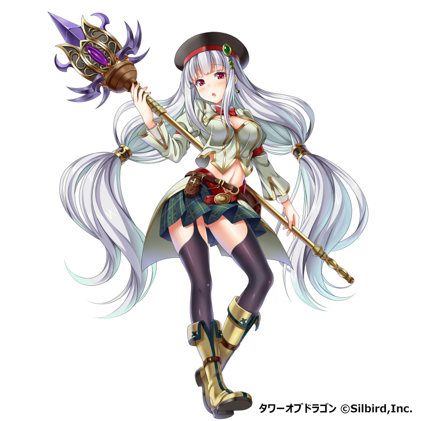 1girl absurdres black_thighhighs breasts cleavage earrings female_focus garter_straps green_skirt hat highres holding holding_weapon jewelry long_hair looking_at_viewer medium_breasts midriff navel pleated_skirt red_eyes silver_hair simple_background skirt solo staff thighhighs tower_of_dragon violetshit weapon white_background