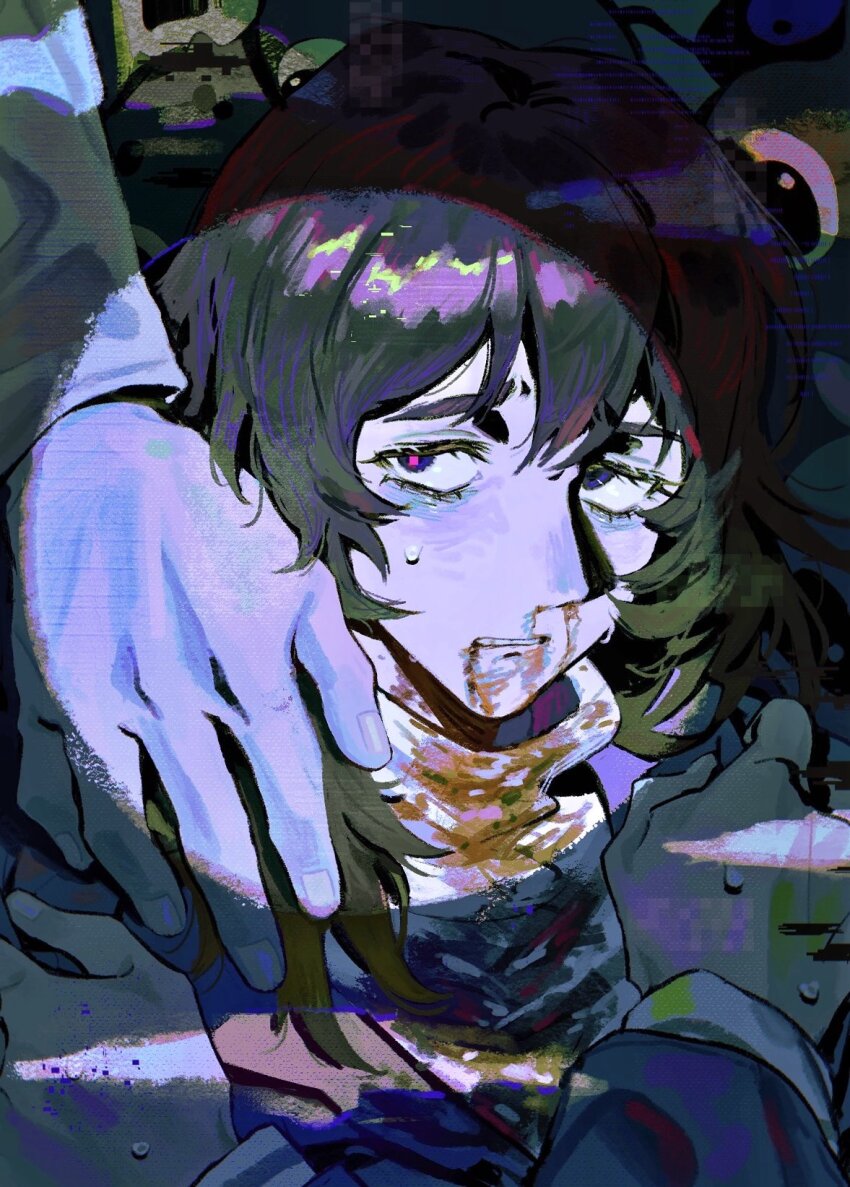 1girl a-kai202 anya_(mouthwashing) bags_under_eyes black_hair blood blood_from_mouth blood_on_clothes blood_on_face blue_eyes blue_jumpsuit blue_theme distortion hand_on_another&#039;s_shoulder highres jimmy_(mouthwashing) jumpsuit long_sleeves medium_hair mouthwashing nosebleed out_of_frame polle_(mouthwashing) scared self_hug solo_focus spotlight sweat sweater turtleneck turtleneck_sweater