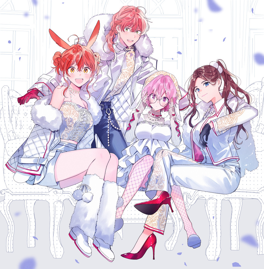1boy 3girls absurdres adjusting_eyewear ahoge animal_ears black_gloves blue_eyes breasts brown_hair cross-laced_clothes crossed_legs curtains denim dress fake_animal_ears fate/grand_order fate_(series) fishnet_pantyhose fishnets frilled_dress frills fujimaru_ritsuka_(female) fur-trimmed_jacket fur_trim glasses gloves green_eyes highres jacket jeans jewelry kneehighs lapels large_breasts leonardo_da_vinci_(fate) mash_kyrielight multiple_girls necklace off_shoulder orange_hair pants pantyhose petals pink_eyes pink_hair ponytail rabbit_ears red_footwear red_gloves romani_archaman shirt shoe_soles side_ponytail single_sidelock sitting smile socks standing strap strapless tube_top wani_(mezo) white_footwear white_shirt wide_sleeves window yellow_eyes