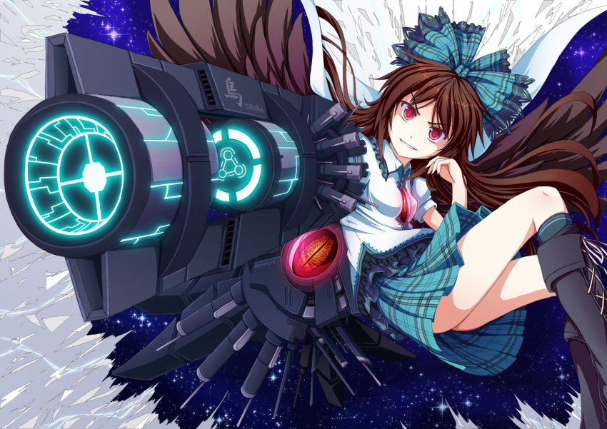 1girl alternate_weapon arm_cannon bow brown_hair female_focus hair_bow long_hair plaid red_eyes reiuji_utsuho skirt solo space star_(symbol) third_eye touhou tri weapon wings
