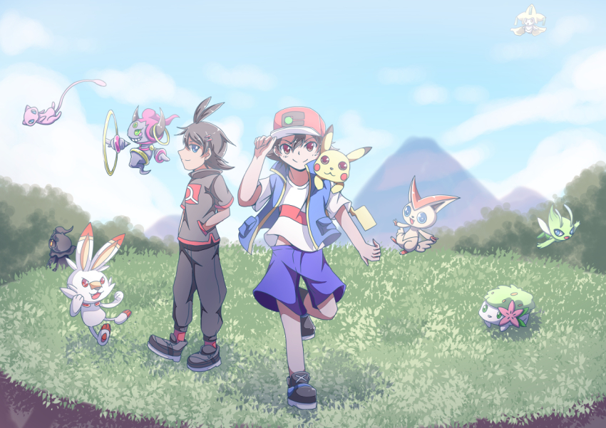 2boys ash_ketchum baseball_cap black_hair black_pants blue_eyes blue_jacket brown_eyes celebi dark_skin gen_1_pokemon gen_2_pokemon gen_3_pokemon gen_4_pokemon gen_5_pokemon gen_6_pokemon gen_7_pokemon gen_8_pokemon goh_(pokemon) grey_shirt hand_on_own_headwear hands_in_pocket hat hoopa jacket jirachi legendary_pokemon marshadow mew_(pokemon) multiple_boys mythical_pokemon nintendo pants pikachu pokemon pokemon_(anime) pokemon_(creature) pokemon_journeys red_headwear scorbunny shaymin shirt short_hair short_pants simple_background sky victini white_shirt