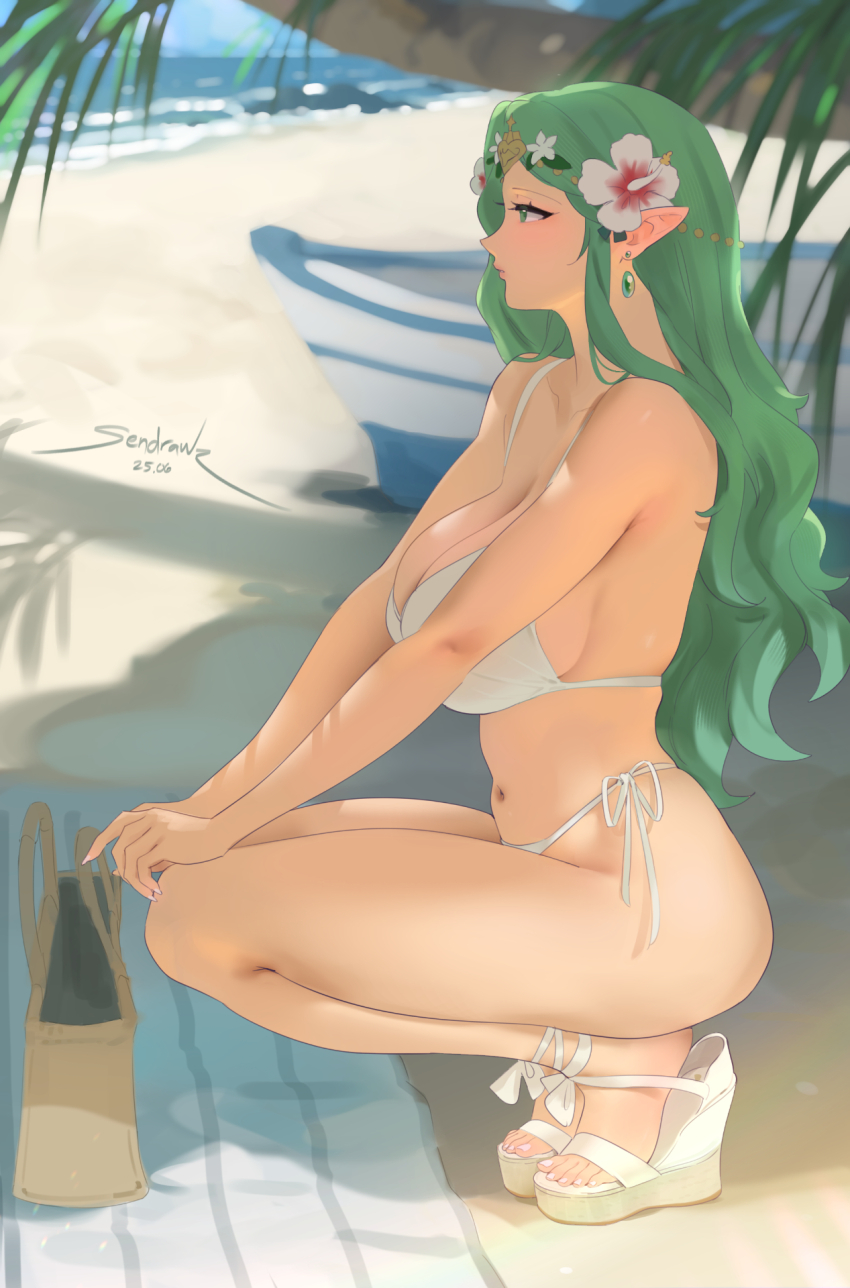 1girl 2025 artist_name bag beach beach_towel bikini blue_sky breasts circlet cleavage cloud curvy dated day earrings facing_to_the_side female_focus fire_emblem fire_emblem:_three_houses flower from_side full_body green_eyes green_hair hair_flower hair_ornament handbag hibiscus highres jewelry large_breasts long_hair looking_ahead matching_hair/eyes nail_polish navel nintendo ocean outdoors pointy_ears rhea_(fire_emblem) sandals sendo_(sendrawz) side-tie_bikini_bottom signature sky solo squatting swimsuit thighs toenail_polish toenails towel tree very_long_hair wedge_heels white_bikini white_flower white_nails