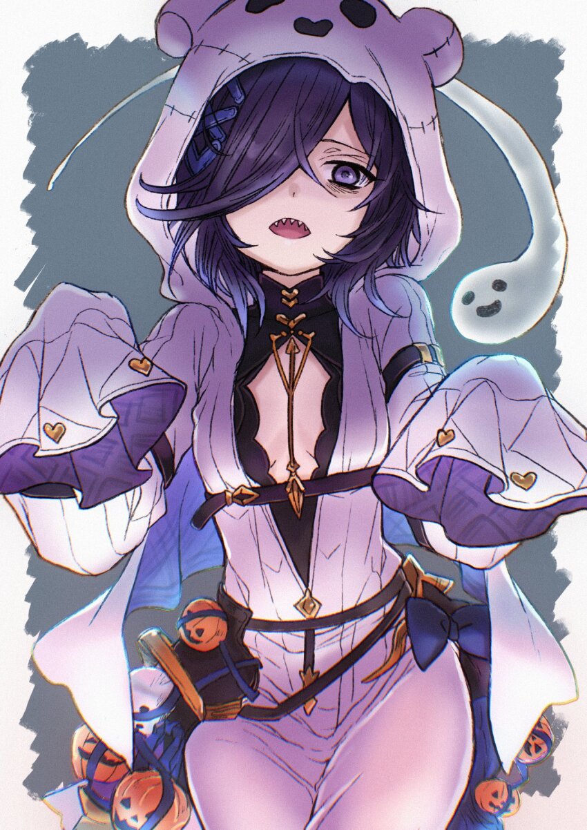 1girl bags_under_eyes black_hair breasts dress ekra ghost ghost_costume granblue_fantasy hair_ornament hair_over_one_eye halloween_costume highres hood hood_up hooded_robe jack-o&#039;-lantern lich_(granblue_fantasy) lich_(halloween)_(granblue_fantasy) long_hair long_sleeves looking_at_viewer official_alternate_costume open_mouth purple_eyes robe sharp_teeth sleeves_past_fingers sleeves_past_wrists small_breasts solo teeth white_robe