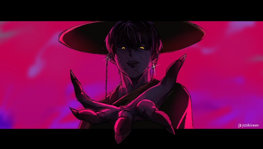 1boy alternate_eye_color black_hanbok cosplay demon_boy earrings fingernails gat_(hat) gatkkeun glowing glowing_eyes hanbok hat highres jewelry jinu_(kpop_demon_hunters) jinu_(kpop_demon_hunters)_(cosplay) korean_clothes korean_traditional_hat kpop_demon_hunters long_sleeves look-alike looking_at_viewer male_focus marius_von_hagen_(tears_of_themis) purple_background purple_hair sharp_fingernails short_hair solo tears_of_themis upper_body yellow_eyes yoshiiraav