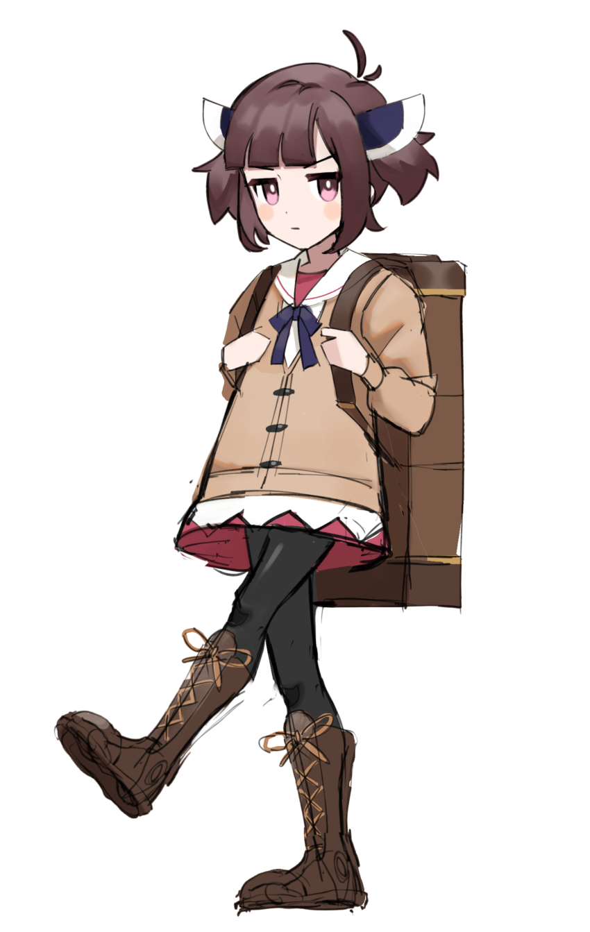 1girl absurdres adapted_costume alternate_hair_length alternate_hairstyle backpack bag black_pantyhose blunt_bangs boots brown_bag brown_boots brown_cardigan brown_hair cardigan closed_mouth commentary_request headgear highres hiragi_sage holding_strap jitome knee_boots lace-up_boots long_sleeves looking_at_viewer nintendo pantyhose pink_eyes pokemon pokemon_swsh red_skirt sailor_collar short_hair short_twintails shoulder_strap simple_background skirt solo touhoku_kiritan twintails unfinished v-shaped_eyebrows voiceroid walking white_background white_sailor_collar