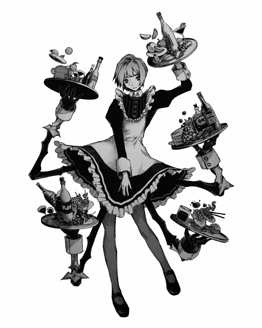 1girl apple apple_slice apron bottle bread_slice chopsticks closed_mouth commentary cup dress dress_tug drink drinking_glass english_commentary extra_arms flat_chest food french_fries frilled_apron frills fruit full_body greyscale hand_up hands_up highres holding holding_tray juliet_sleeves long_sleeves looking_at_viewer maid maid_apron making-of_available mary_janes monochrome original pantyhose plate puffy_sleeves shoes short_hair simple_background skewer sleeve_cuffs solo standing toast tray wine_bottle wrist_cuffs zero808w