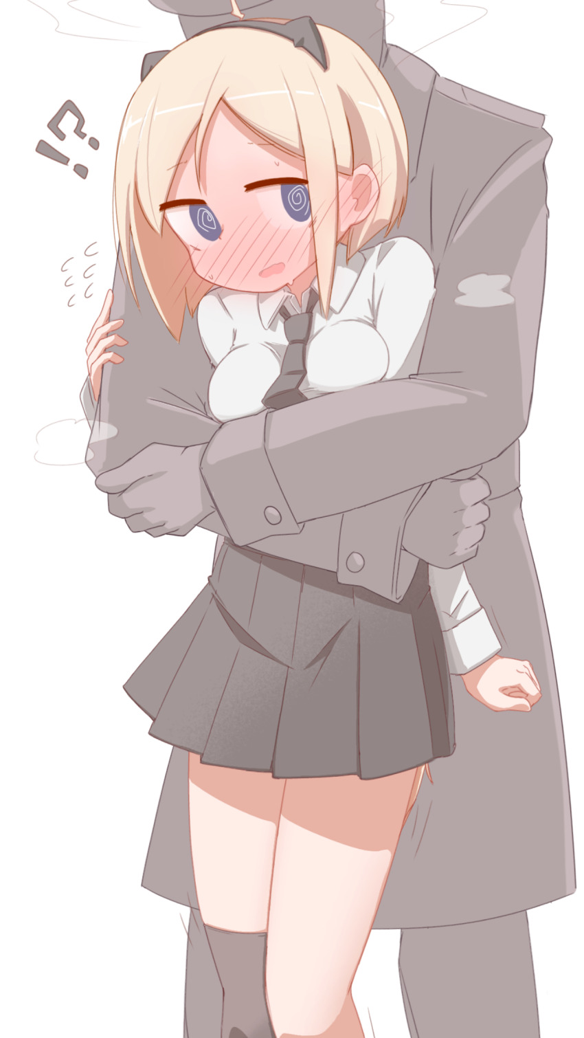 !? 1boy 1girl blonde_hair blue_eyes blush collared_shirt commander_(girls&#039;_frontline) commission cowboy_shot girls&#039;_frontline hair_ornament highres hug hug_from_behind long_hair long_sleeves m3_(girls&#039;_frontline) necktie pixiv_commission player193 pleated_skirt shirt single_thighhigh skirt standing thighhighs white_background white_shirt