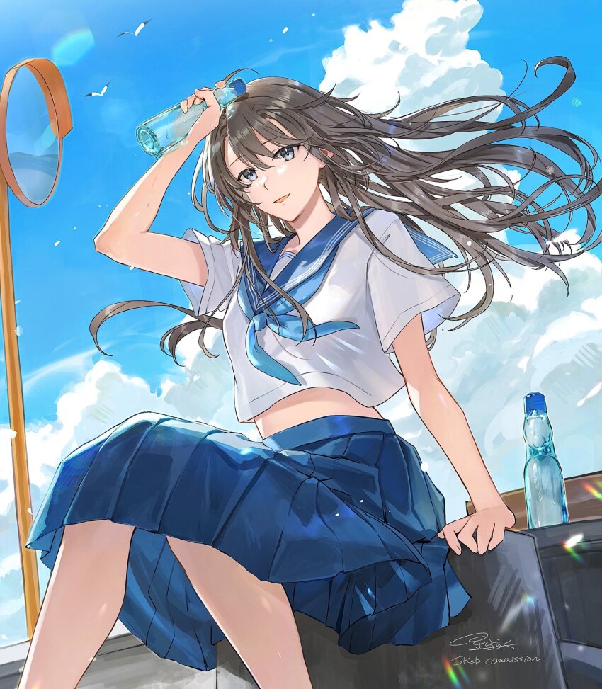 1girl blue_eyes blue_sailor_collar blue_skirt blue_sky bottle brown_hair cloud commentary_request commission day floating_hair hair_between_eyes highres holding holding_bottle hoshi_rasuku looking_at_viewer midriff_peek open_mouth original ramune sailor_collar shirt short_sleeves signature sitting skeb_commission skirt sky smile solo traffic_mirror white_shirt