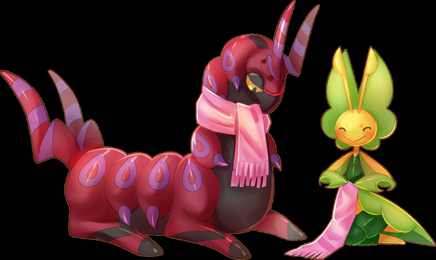 ^_^ antennae blush closed_eyes commentary conmimi creature english_commentary full_body gen_5_pokemon happy holding holding_unworn_clothes holding_unworn_scarf horns leavanny looking_at_another nintendo no_humans pink_scarf pokemon pokemon_(creature) scarf scolipede simple_background size_difference smile transparent_background unworn_scarf white_background yellow_eyes