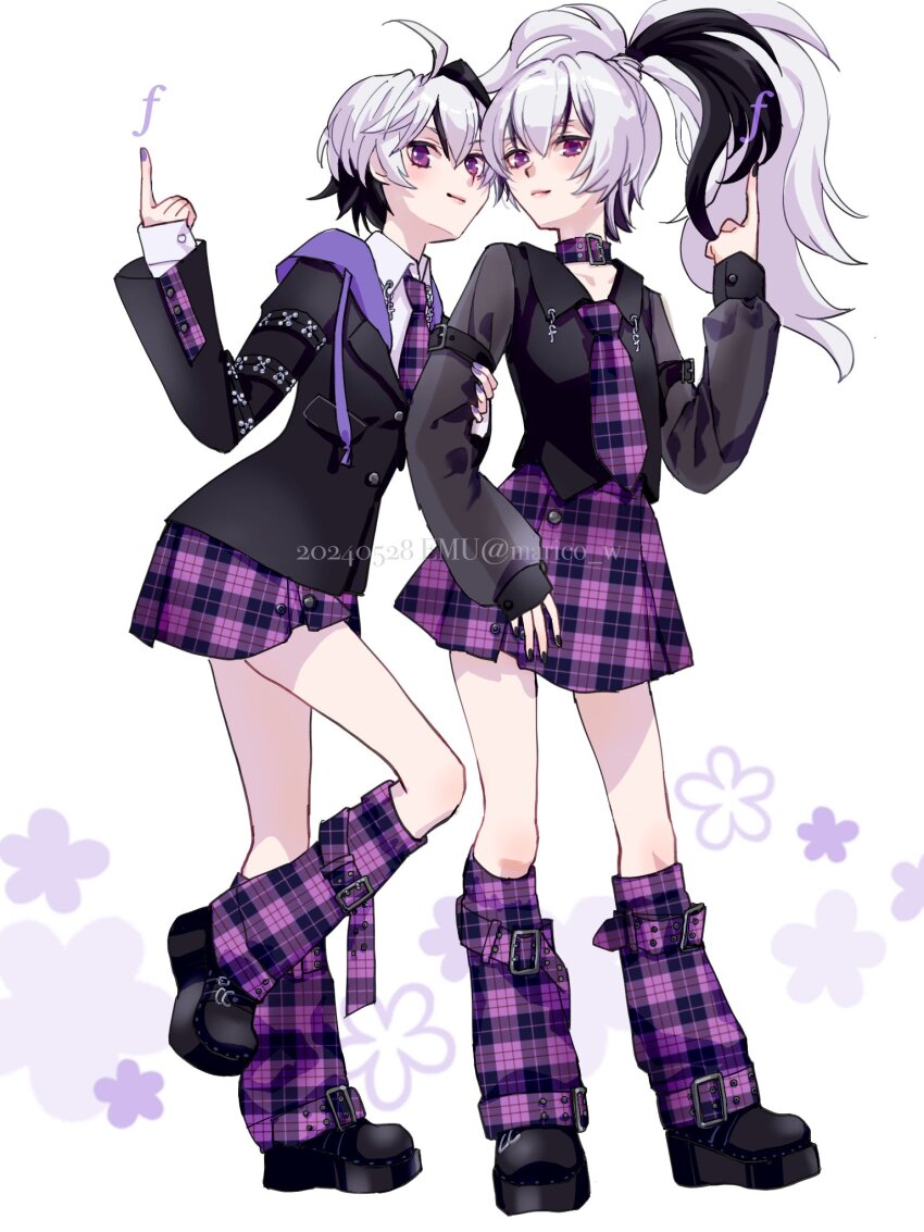 2girls ahoge androgynous arm_grab armband belt_buckle black_armband black_footwear black_nails black_shirt black_streaks buckle button_up_skirt buttons choker collarbone collared_shirt drawstring dual_persona emu_(marico_w) flat_chest flower_(vocaloid) flower_(vocaloid3) flower_(vocaloid4) forte_(symbol) hand_on_another&#039;s_arm high_ponytail highres hood hoodie index_finger_raised leg_up leg_warmers miniskirt multicolored_hair multiple_girls necktie pale_skin pink_lips plaid_choker plaid_clothes plaid_leg_warmers plaid_necktie plaid_skirt platform_footwear pleated_skirt pointing pointing_up ponytail purple_choker purple_eyes purple_hood purple_hoodie purple_leg_warmers purple_nails purple_skirt shirt shoes short_hair skirt smile standing standing_on_one_leg streaked_hair two-tone_hair vocaloid white_hair white_shirt