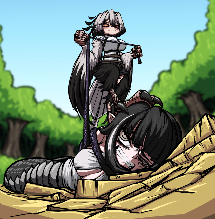 2girls animal_ears belt beolkkulcheese bird_ears bird_legs bird_tail black_feathers black_hair black_wings blush bound breasts broken_ground claws clenched_teeth commentary_request feathers from_below hair_between_eyes harpy highres holding holding_whip lamia large_breasts long_hair medium_hair monster_girl multiple_girls original outdoors pointy_ears scales shirt stepped_on tail talons teeth tied_up_(nonsexual) tree whip white_feathers white_hair white_shirt white_wings wings yellow_eyes