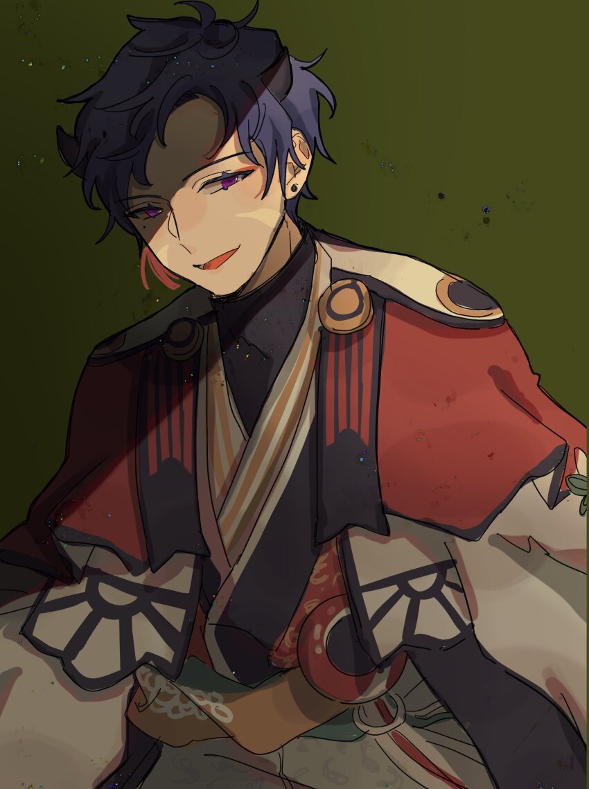 1boy absurdres blue_hair commentary dark_blue_hair earrings ensemble_stars! eyeshadow fushimi_yuzuru highres horns jewelry makeup male_focus mole mole_under_eye official_alternate_costume open_mouth purple_eyes short_hair simple_background solo stud_earrings user_wuzt2883 ushimairi_(ensemble_stars!)