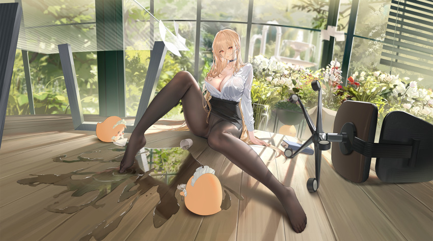 1girl absurdres azur_lane black_choker black_pantyhose black_skirt blonde_hair breasts choker cleavage feet glasses hair_between_eyes hair_spread_out highres implacable_(azur_lane) implacable_(shepherd_of_the_&quot;lost&quot;)_(azur_lane) kincora large_breasts legs long_hair long_hair_between_eyes long_sleeves manjuu_(azur_lane) no_shoes non-web_source official_alternate_costume official_art origami panties pantyhose plant red_eyes revision shirt sitting skirt thighs toes transparent_background underwear very_long_hair wet wet_clothes white_panties white_shirt