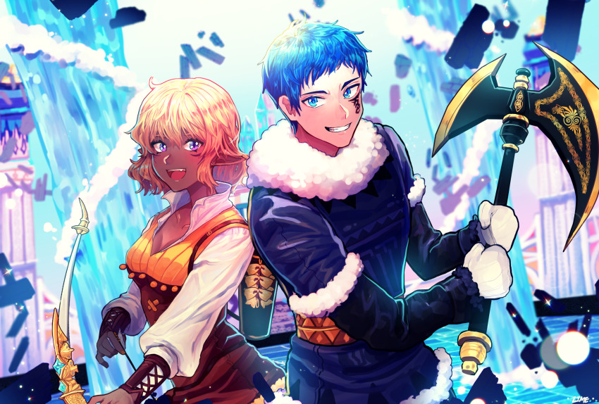 1boy 1girl axe battle blonde_hair blue_hair bow dark-skinned_female dark_skin elf giant highres lime_mitstyb mabinogi muiriol pointy_ears