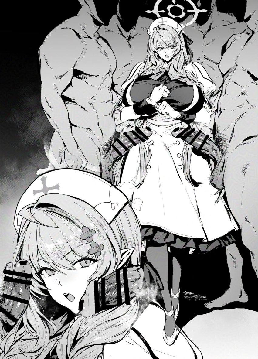 1girl 4boys absurdres angel_wings bar_censor blue_archive breasts censored clothed_female_nude_male dress feathered_wings halo hat hetero highres huge_breasts imminent_gangbang long_hair long_sleeves looking_at_viewer mine_(blue_archive) multiple_boys nude nurse nurse_cap open_mouth penis penis_on_face pointy_ears surrounded surrounded_by_penises thirty_8ght wings