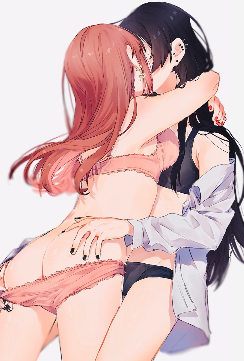 2girls arms_around_neck ass black_hair black_nails bra commentary covered_face ear_piercing earrings hand_on_another&#039;s_ass heart heart_earrings highres jewelry ll_446 long_hair medium_hair multiple_girls nail_polish original panties panty_pull piercing pulling_another&#039;s_clothes red_hair red_nails spiked_ear_piercing underwear underwear_only yuri